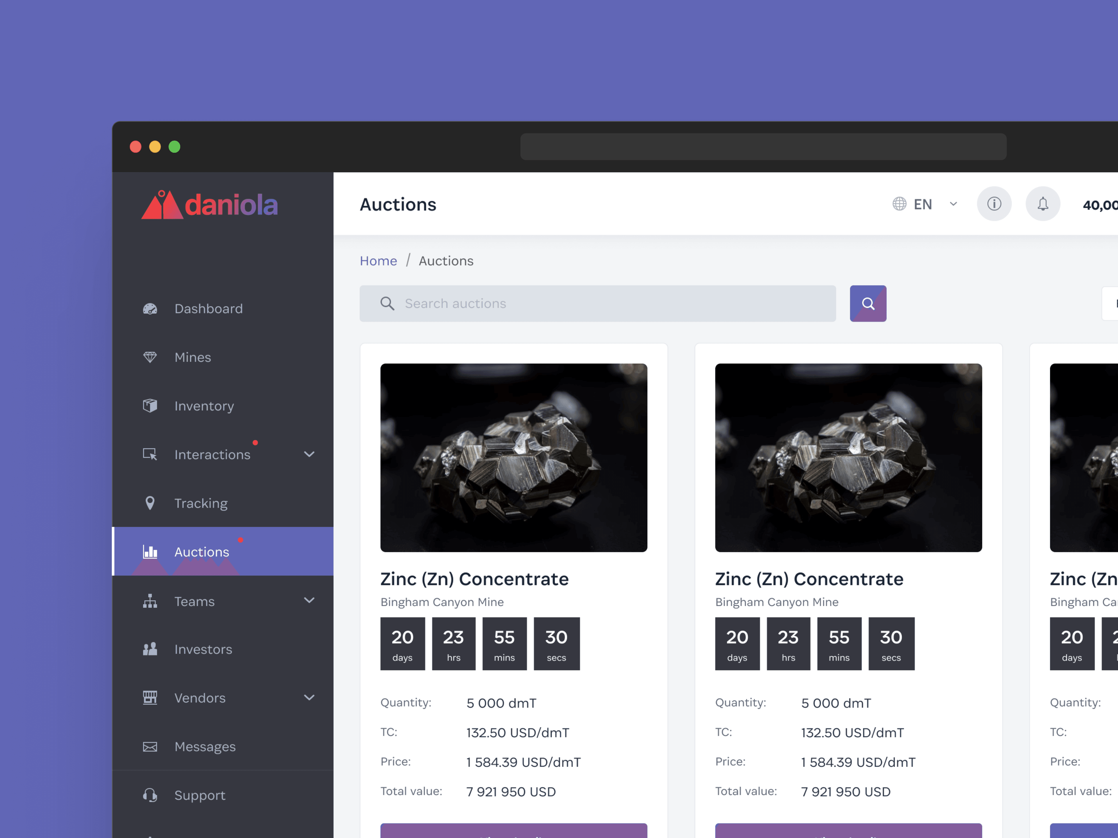 Mineral auctions with product cards and bidding countdowns