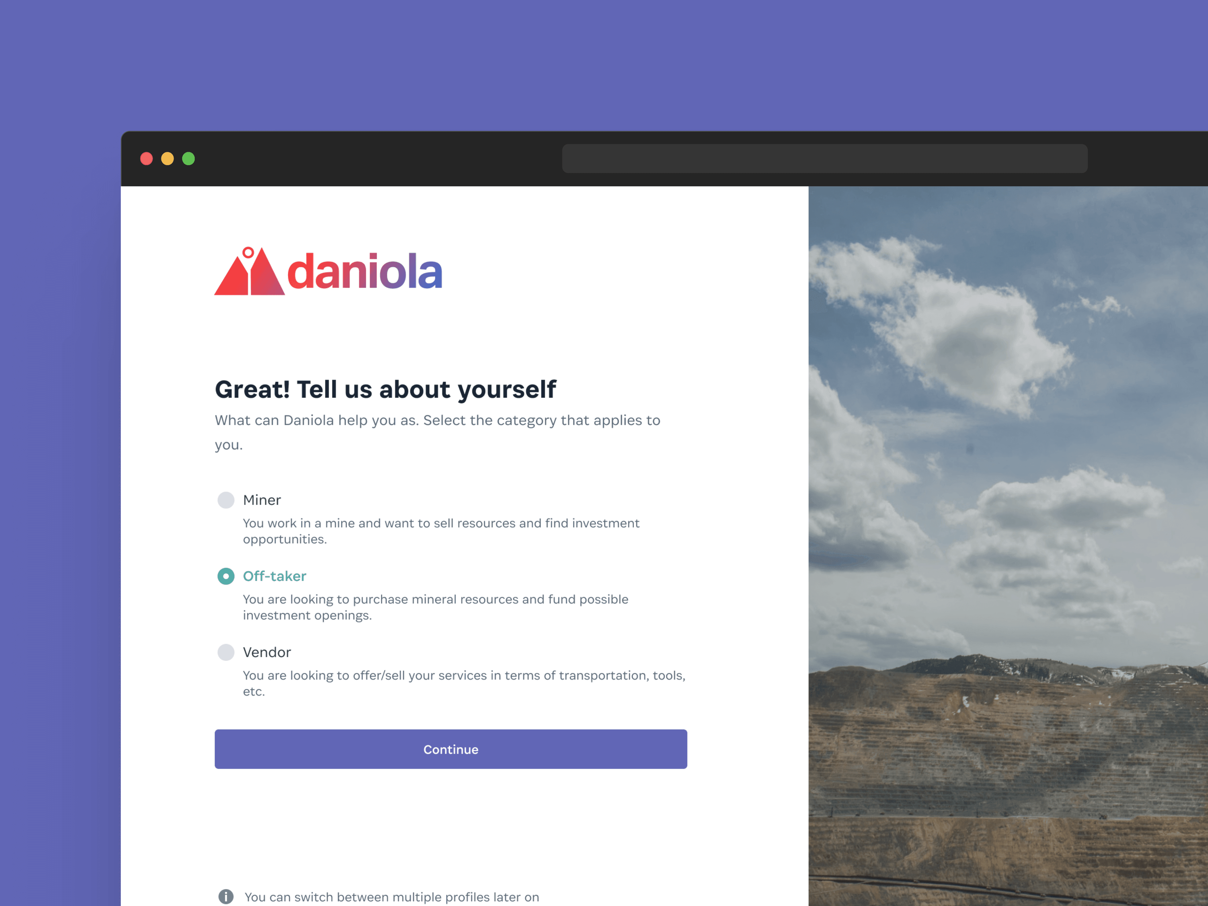 Choose a miner, off-taker or vendor profile during Daniola onboarding