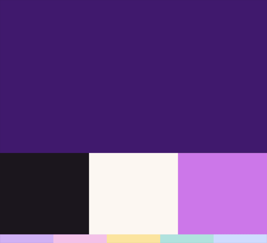 A deep purple field above black, cream and lilac blocks, over a strip of five pastel swatches