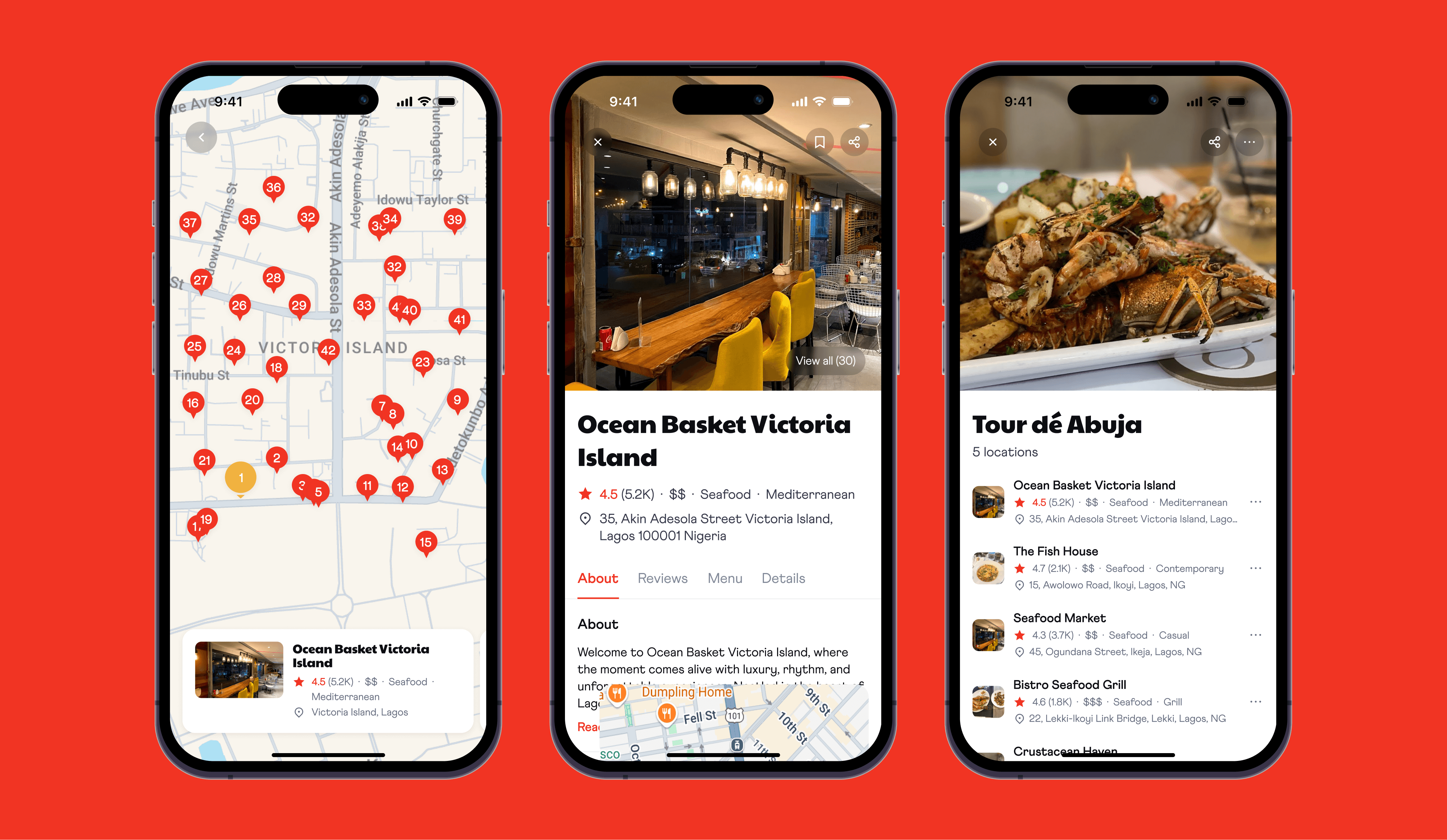 Bitescout overview showing map discovery, restaurant details, and saved lists