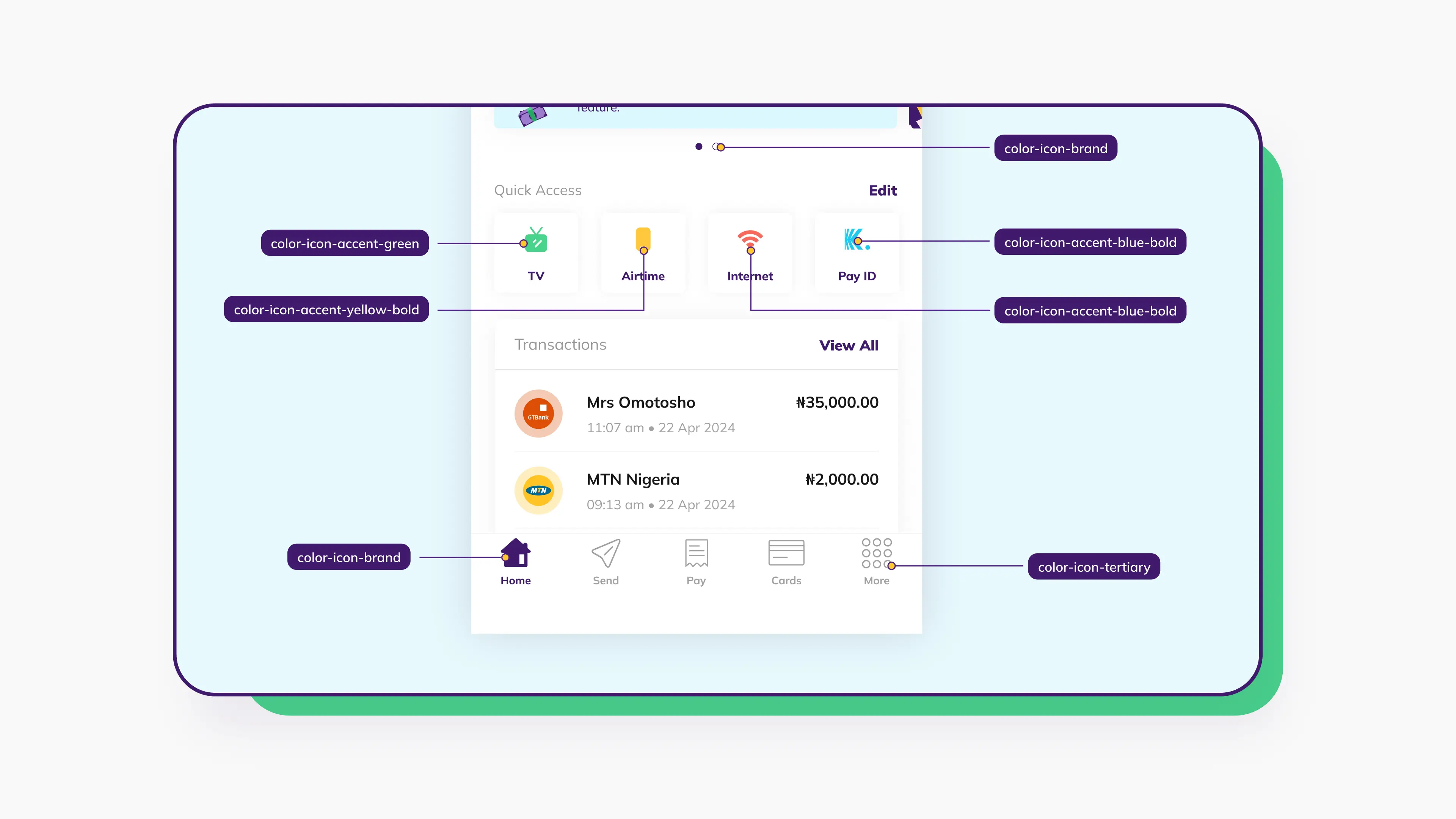 A Kuda app screen with callouts labelling the icon token applied to each icon