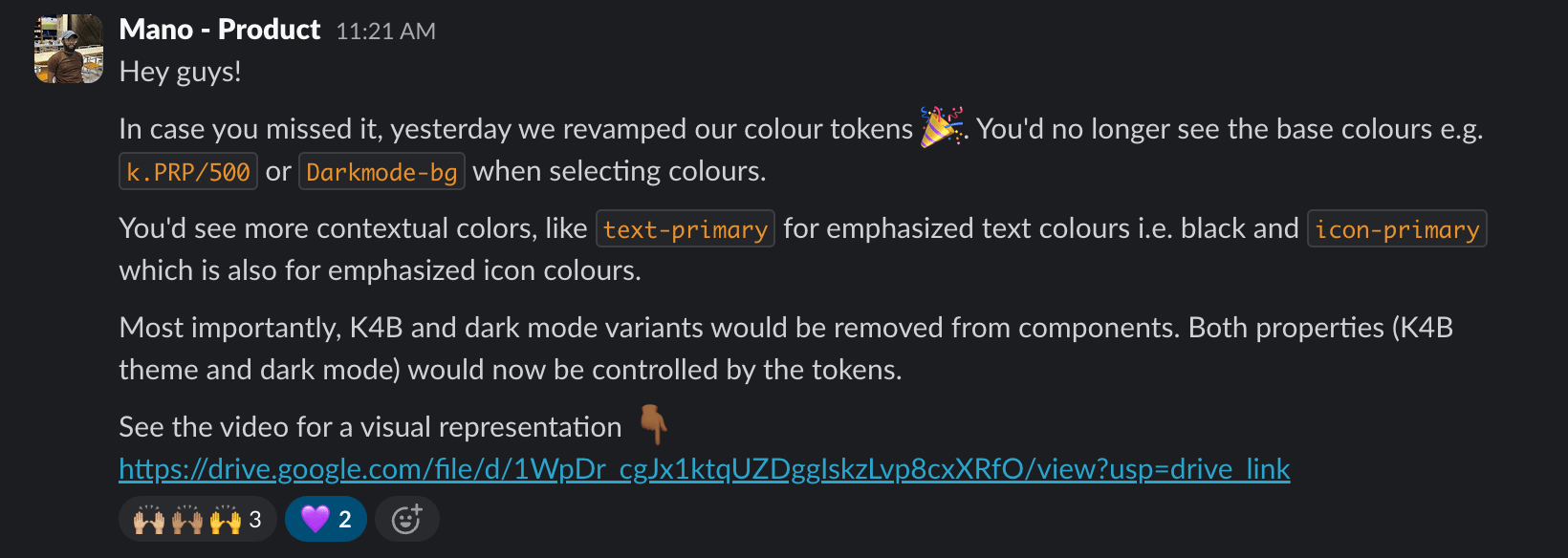 A Slack post announcing the revamped colour tokens and explaining that contextual colours now replace base colours