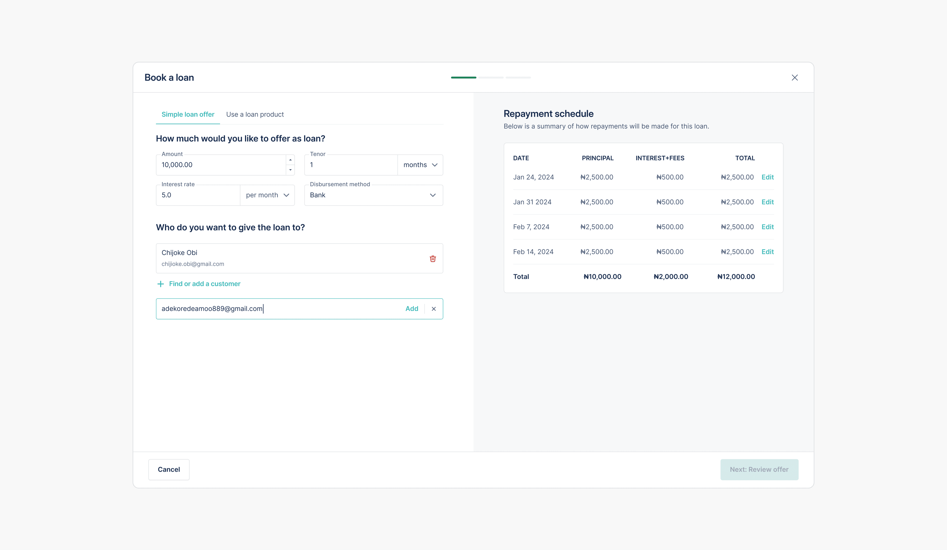 The improved book a loan form, pre-filled with default values