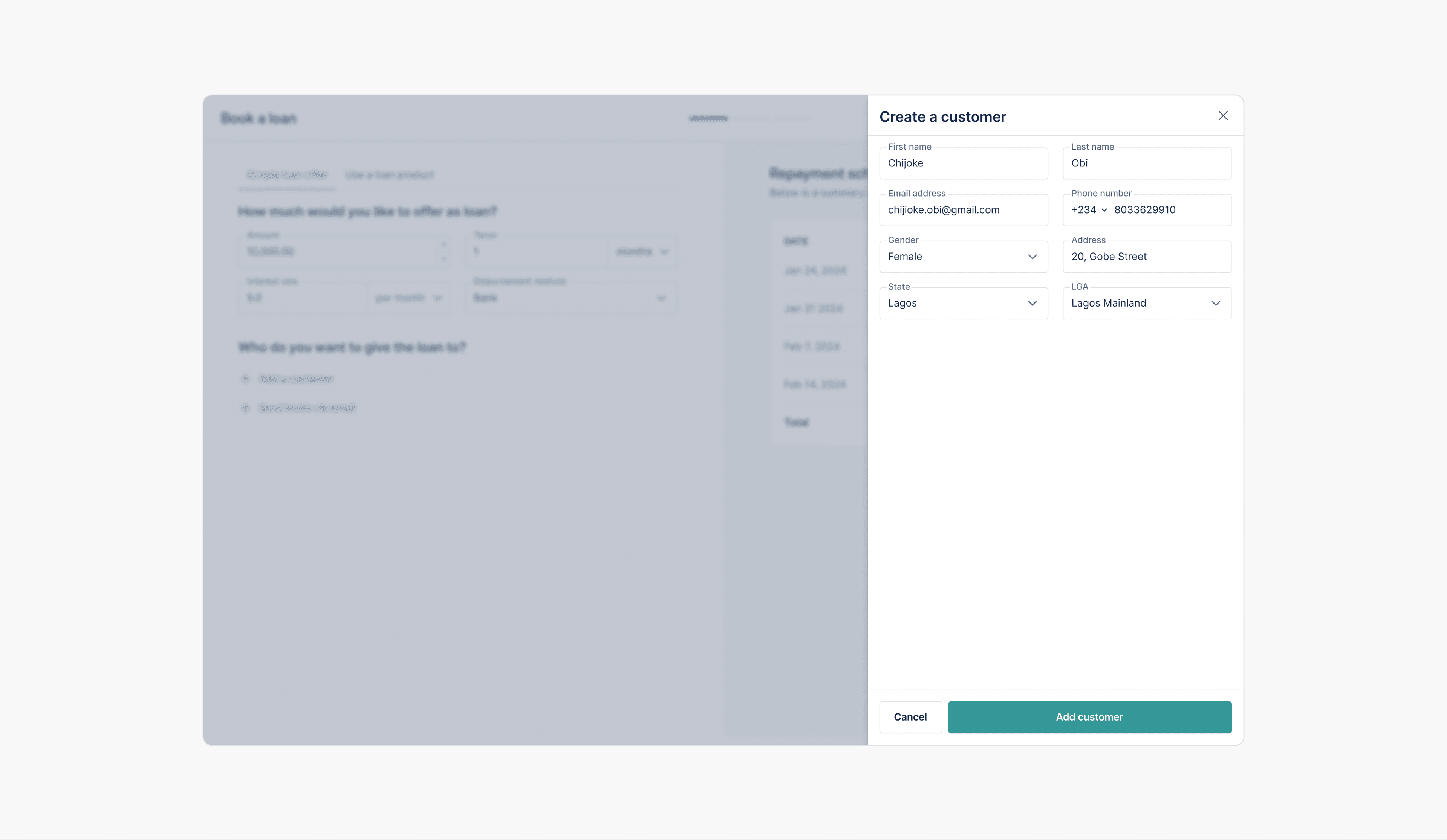 The improved book a loan form, pre-filled with default values