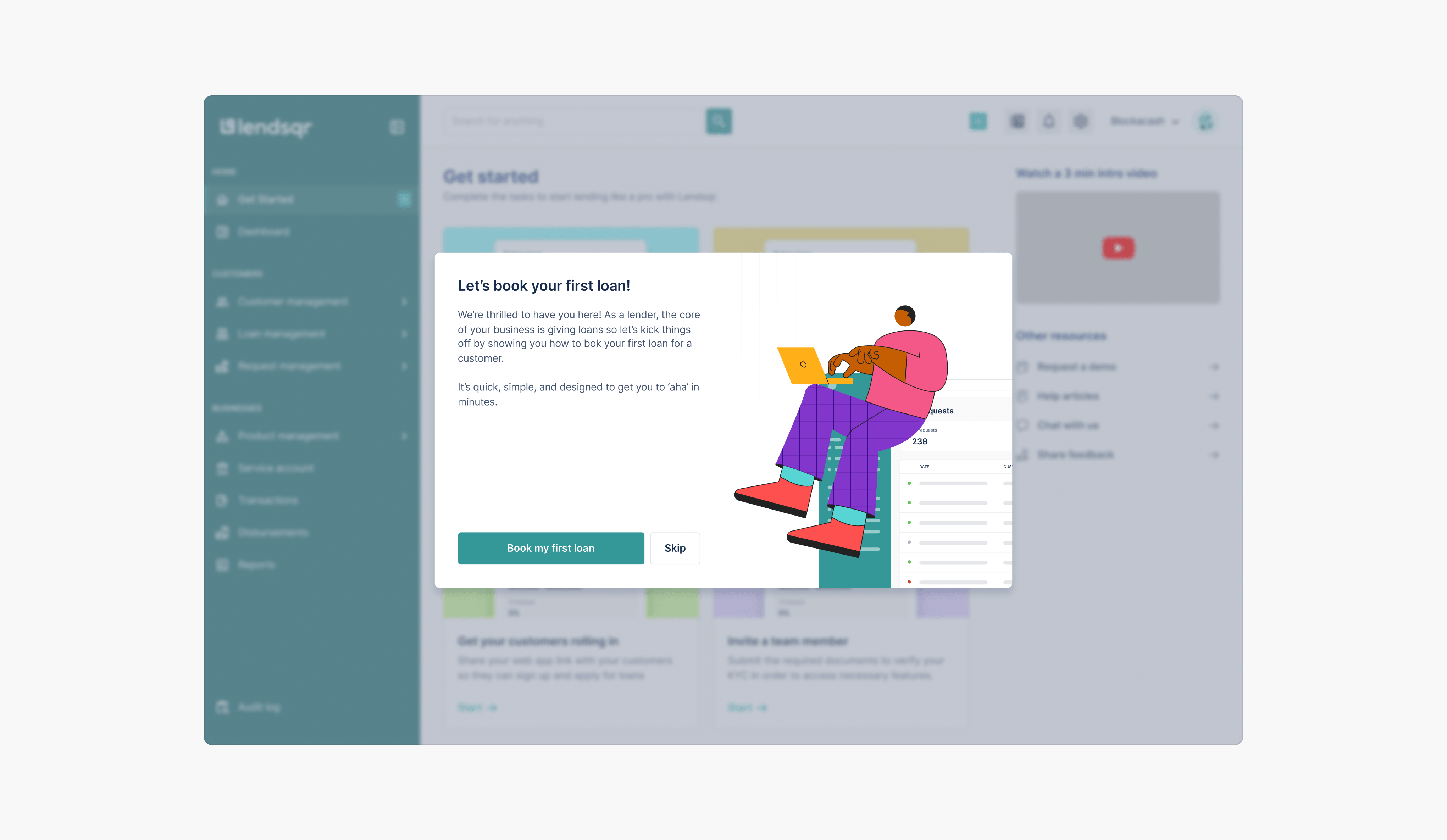A welcome screen prompting a new lender to book their first loan