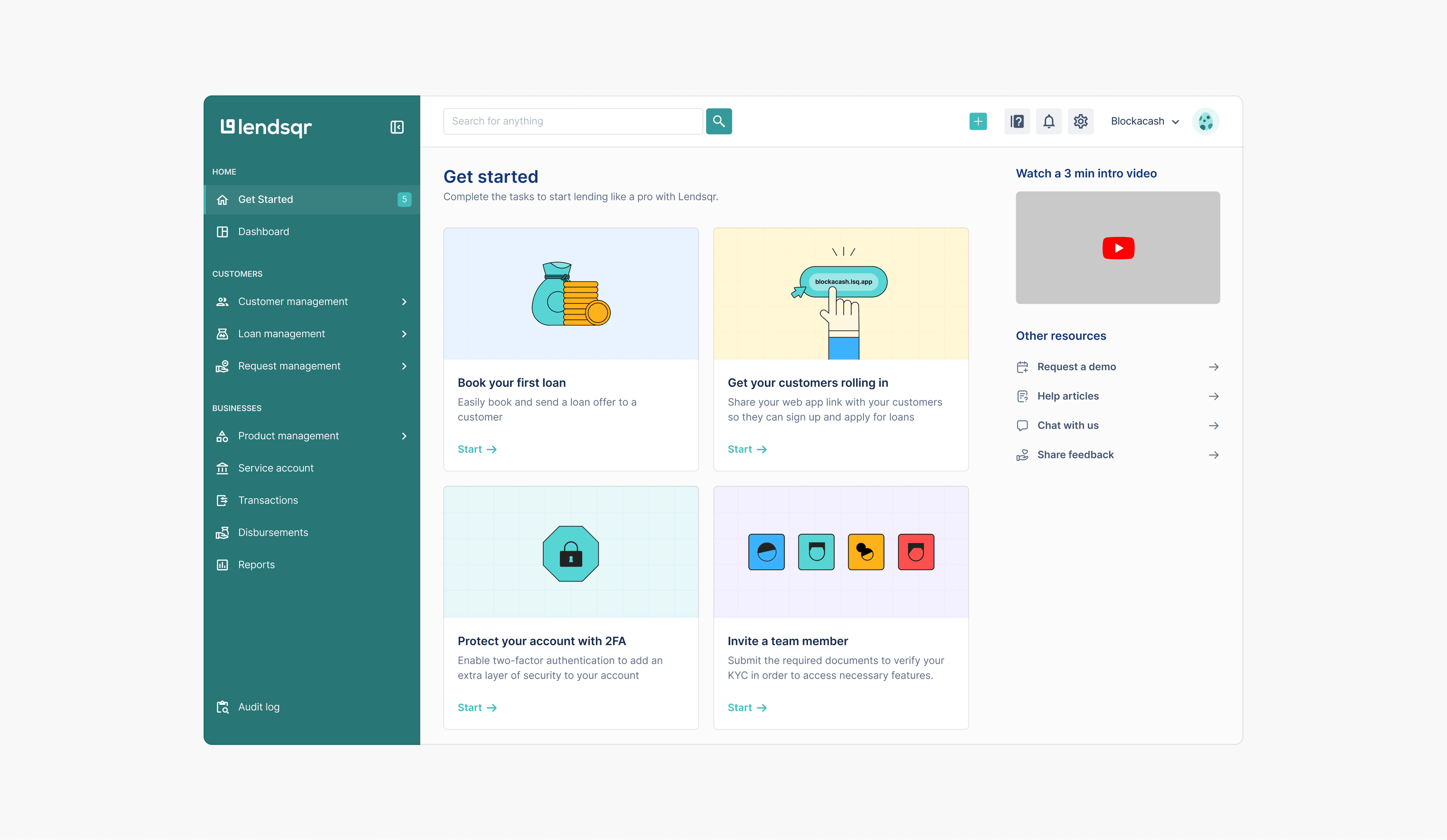 The new Get Started page, a checklist of setup actions alongside intro videos and resources