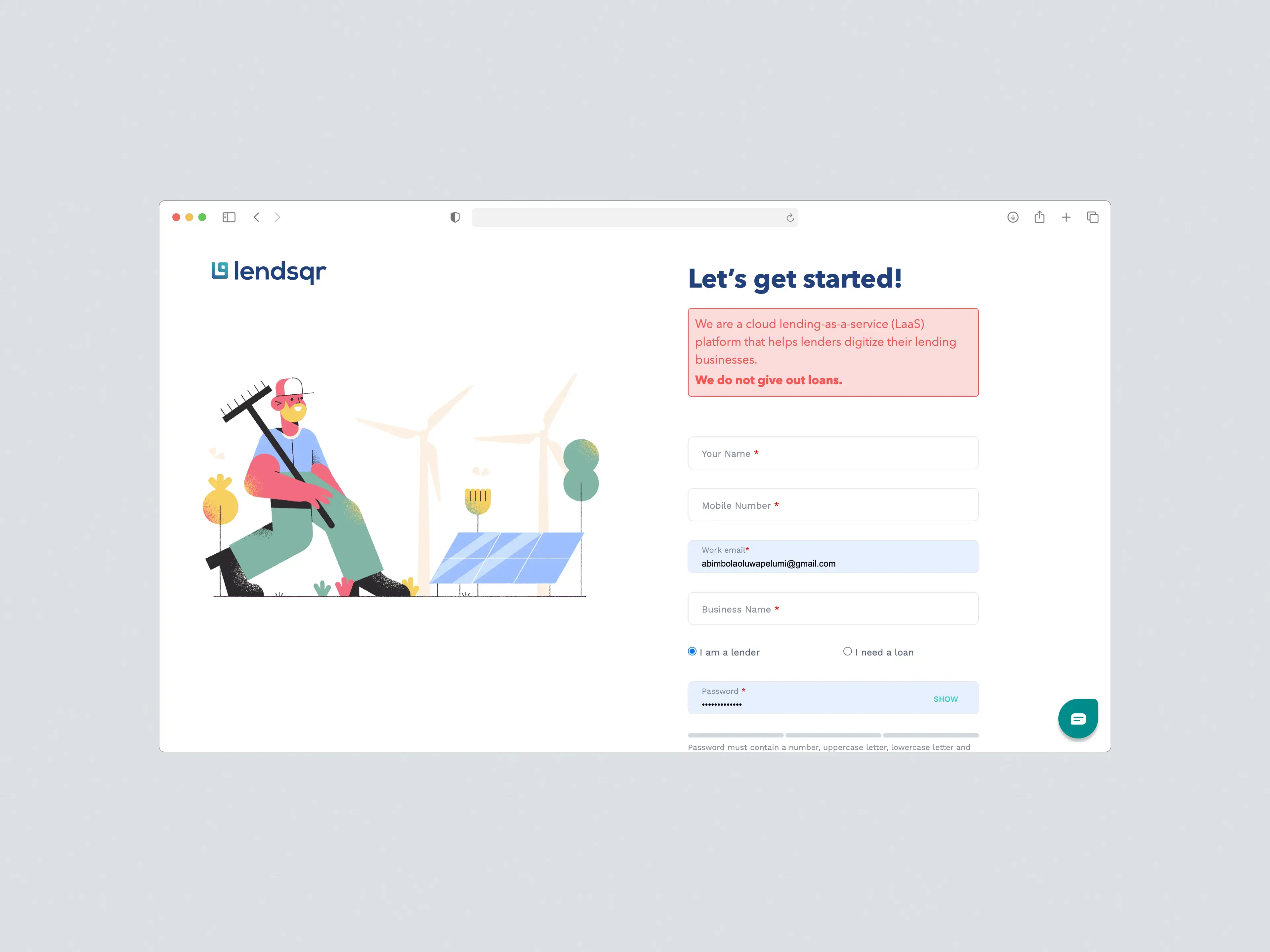 The previous sign-up screen, carrying a disclaimer that Lendsqr does not give out loans