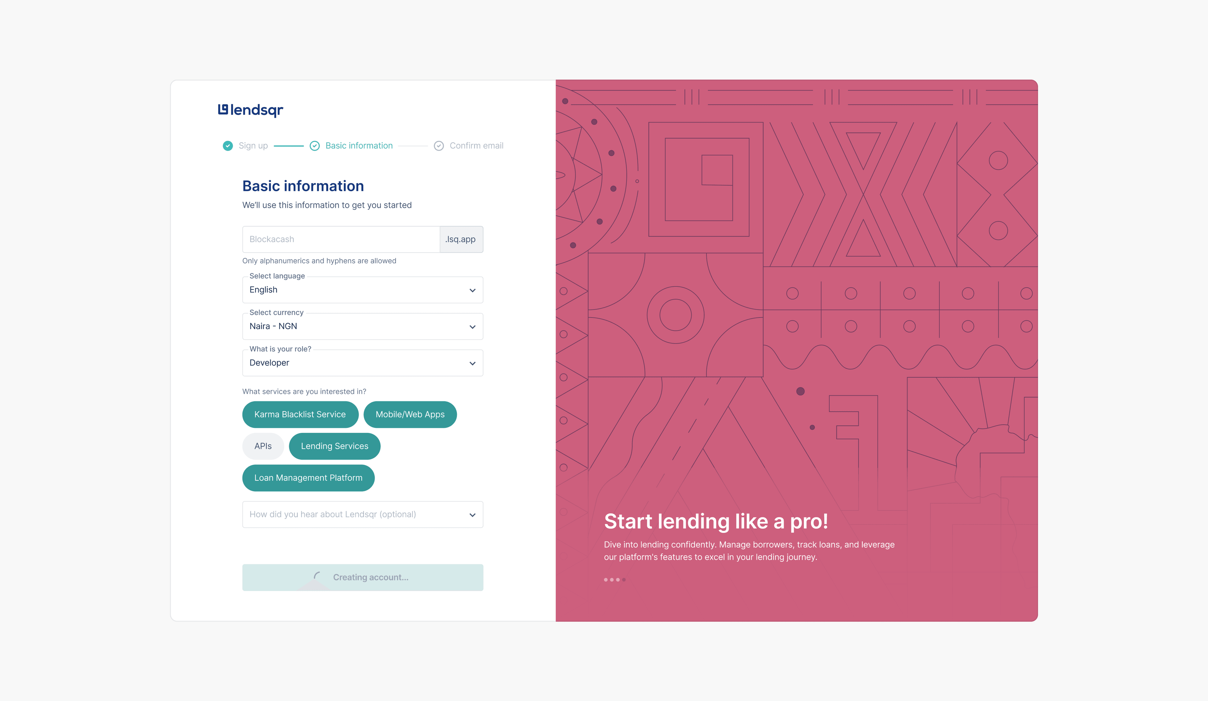 The improved Basic Information step, collecting subdomain, language and currency