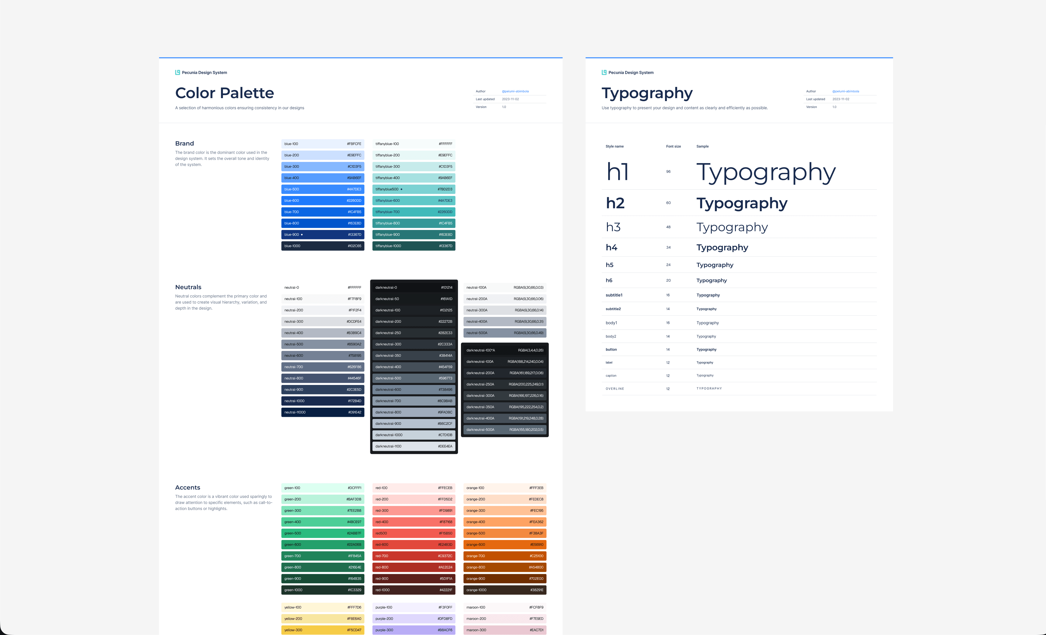 The Pecunia colour palette and typography documentation