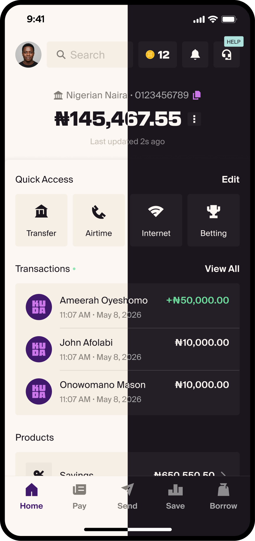 Kuda Retail mobile dashboard split between light and dark mode