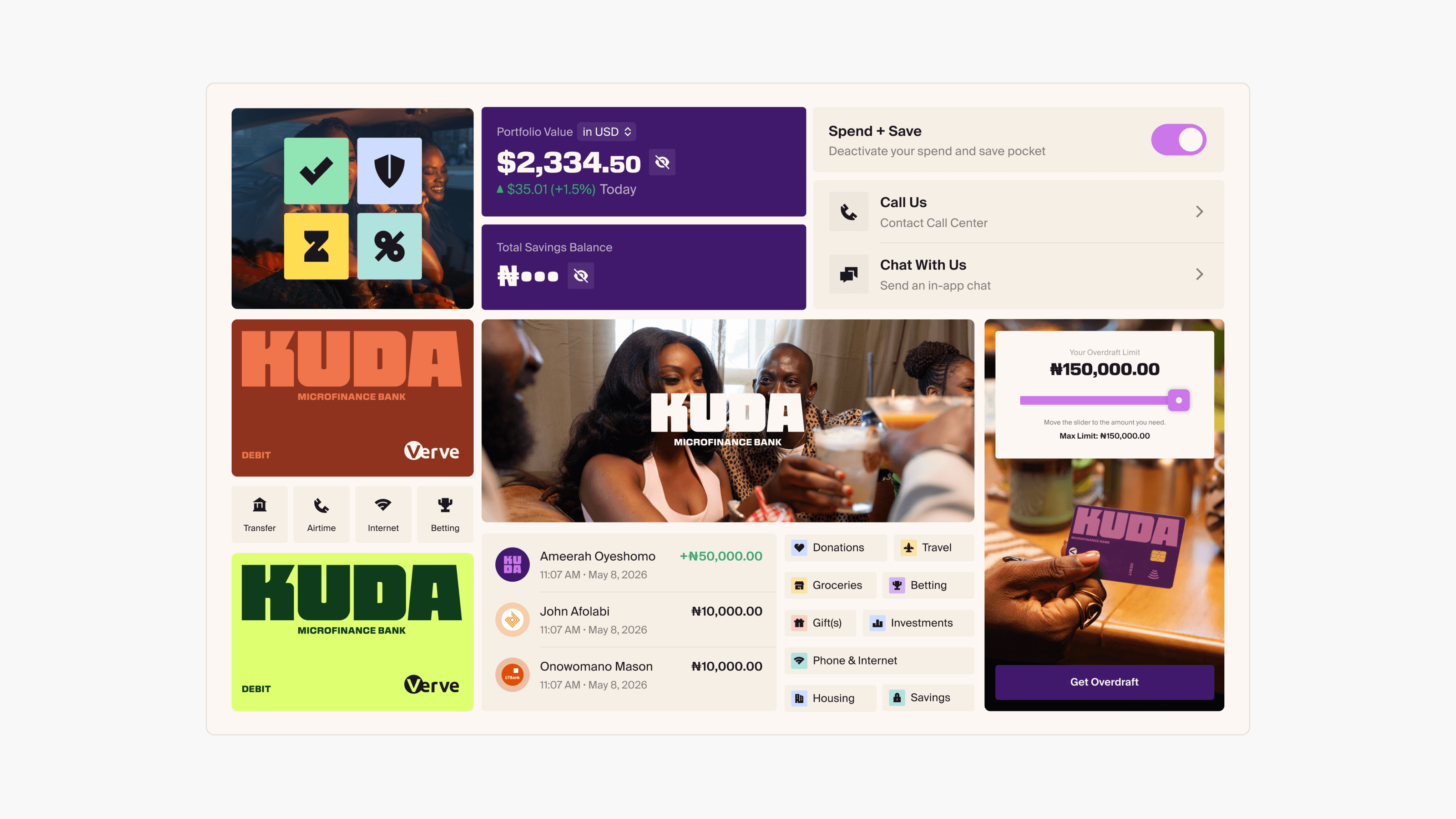 A collage of Kuda’s refreshed brand and product interface across mobile and web